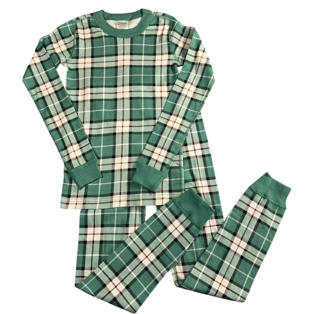 Hanna Andersson Long John Pajama Set Kid Size 140/10 Green Plaid Holiday NEW